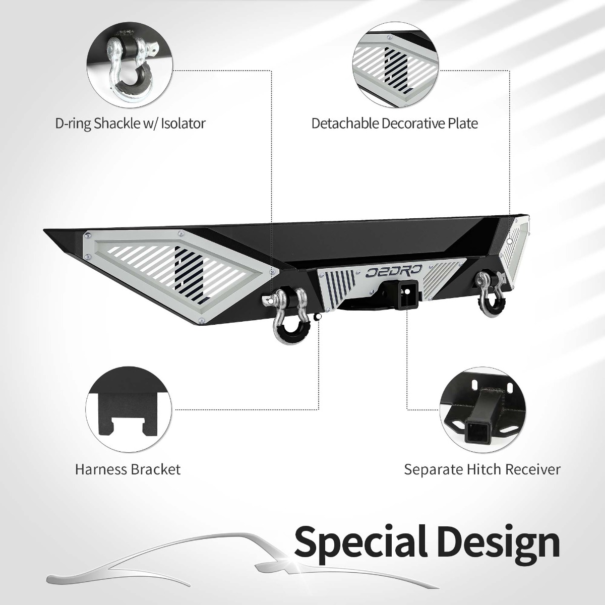 Side view of Rear Bumper for 07-18 Wrangler JK with Hitch Receiver & D-Rings