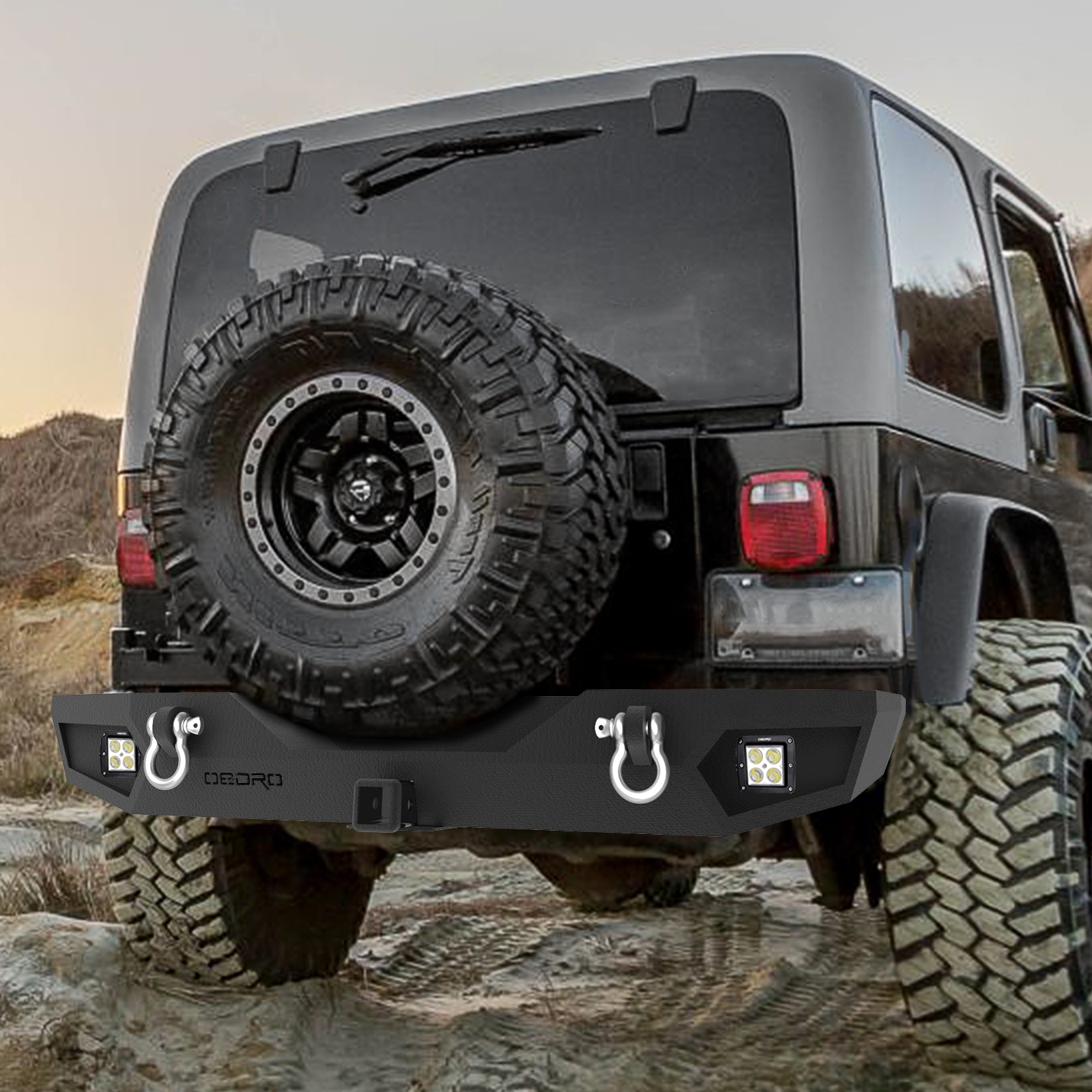 Side view of OEDRO Front Rear Bumper for 1987-2006 Jeep Wrangler TJ & YJ, with Hitch Receiver, Winch Plate & 6xLED Lights & 2xD-Rings