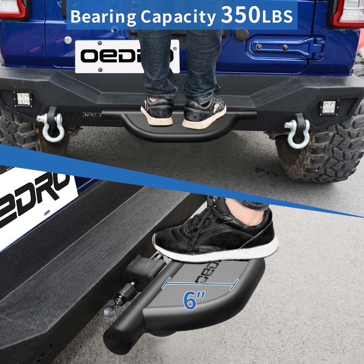 Side view of OEDRO Hitch Step with 2" Hitch Receiver Rear Bumper Guard Protector Upgraded Textured Black Hitch Step Bar