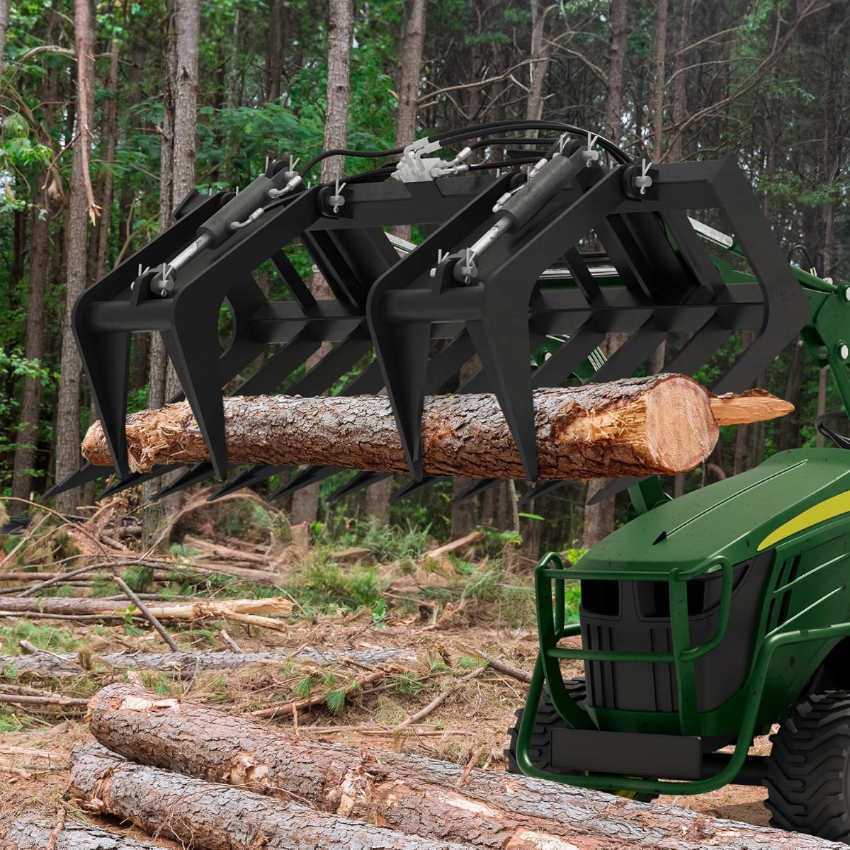 Side view of YITAMOTOR® 72" Rock Grapple Rake Quick Tach Bucket Loader, Versatile Landscaping Tool with Replaceable Teeth, Rugged Design, and Broad Compatibility,