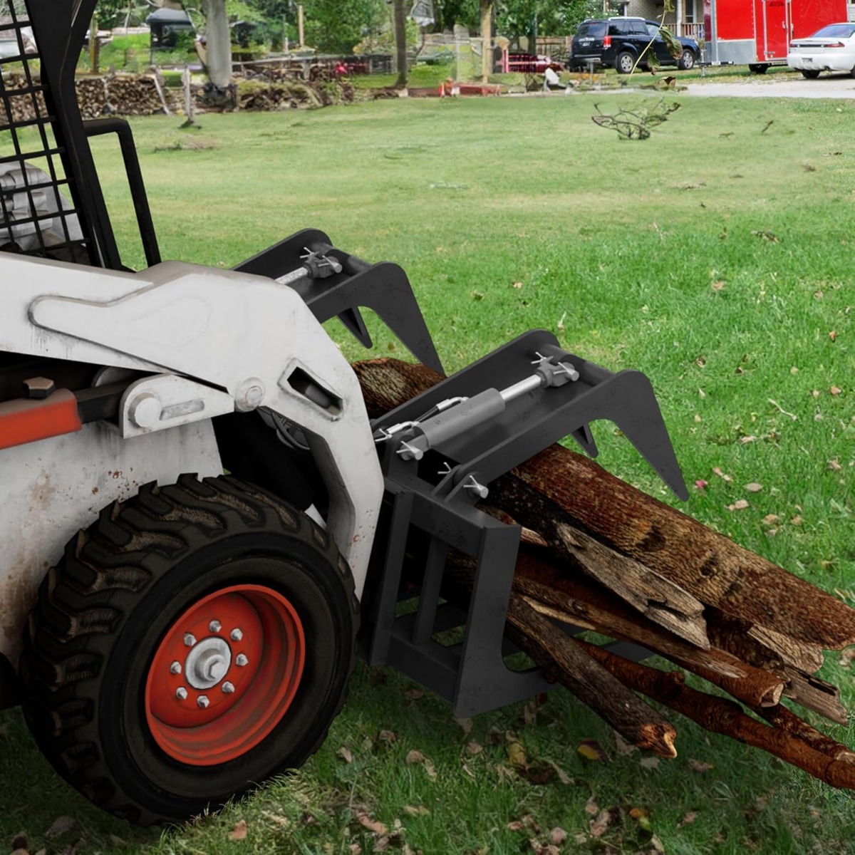 Side view of YITAMOTOR® 72" Rock Grapple Rake Quick Tach Bucket Loader, Versatile Landscaping Tool with Replaceable Teeth, Rugged Design, and Broad Compatibility,