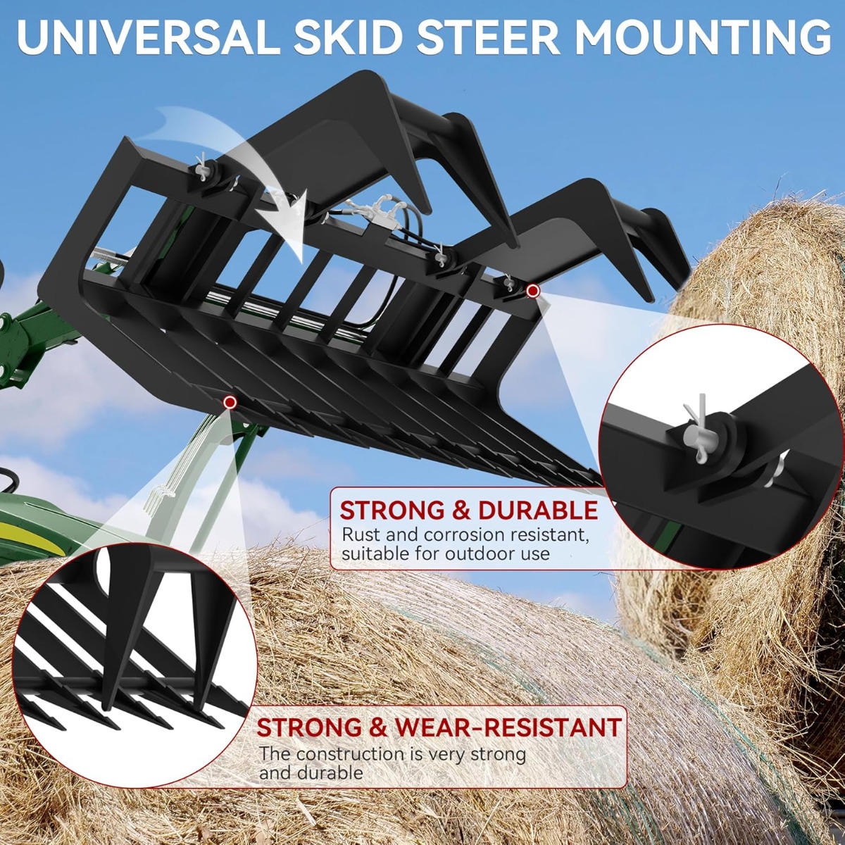 Side view of YITAMOTOR® 72" Rock Grapple Rake Quick Tach Bucket Loader, Versatile Landscaping Tool with Replaceable Teeth, Rugged Design, and Broad Compatibility,