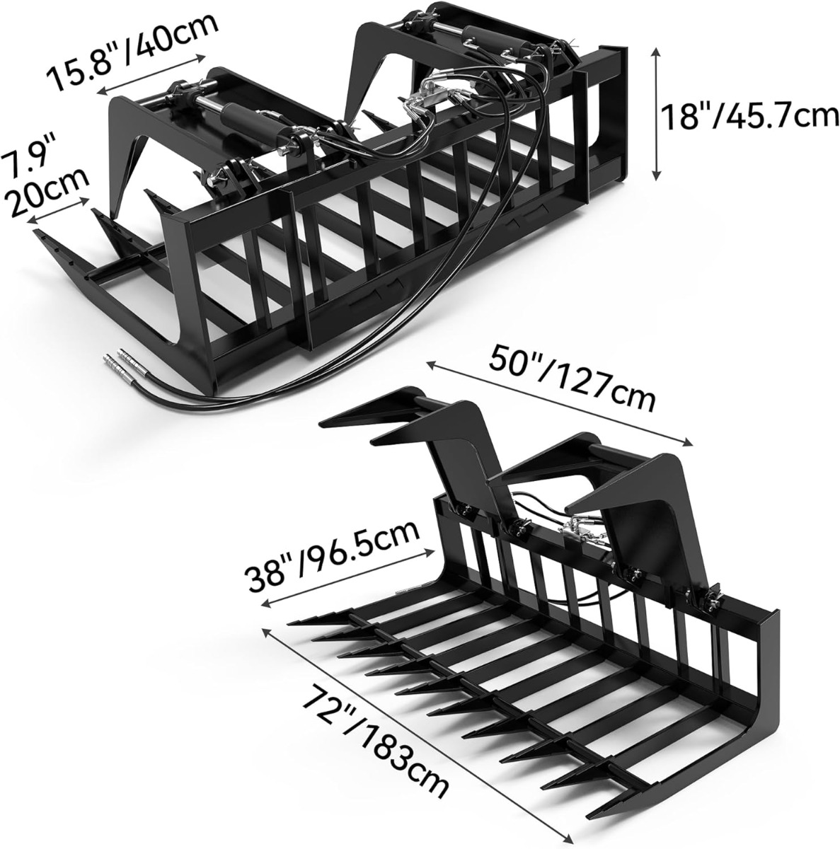 Side view of YITAMOTOR® 72" Rock Grapple Rake Quick Tach Bucket Loader, Versatile Landscaping Tool with Replaceable Teeth, Rugged Design, and Broad Compatibility,
