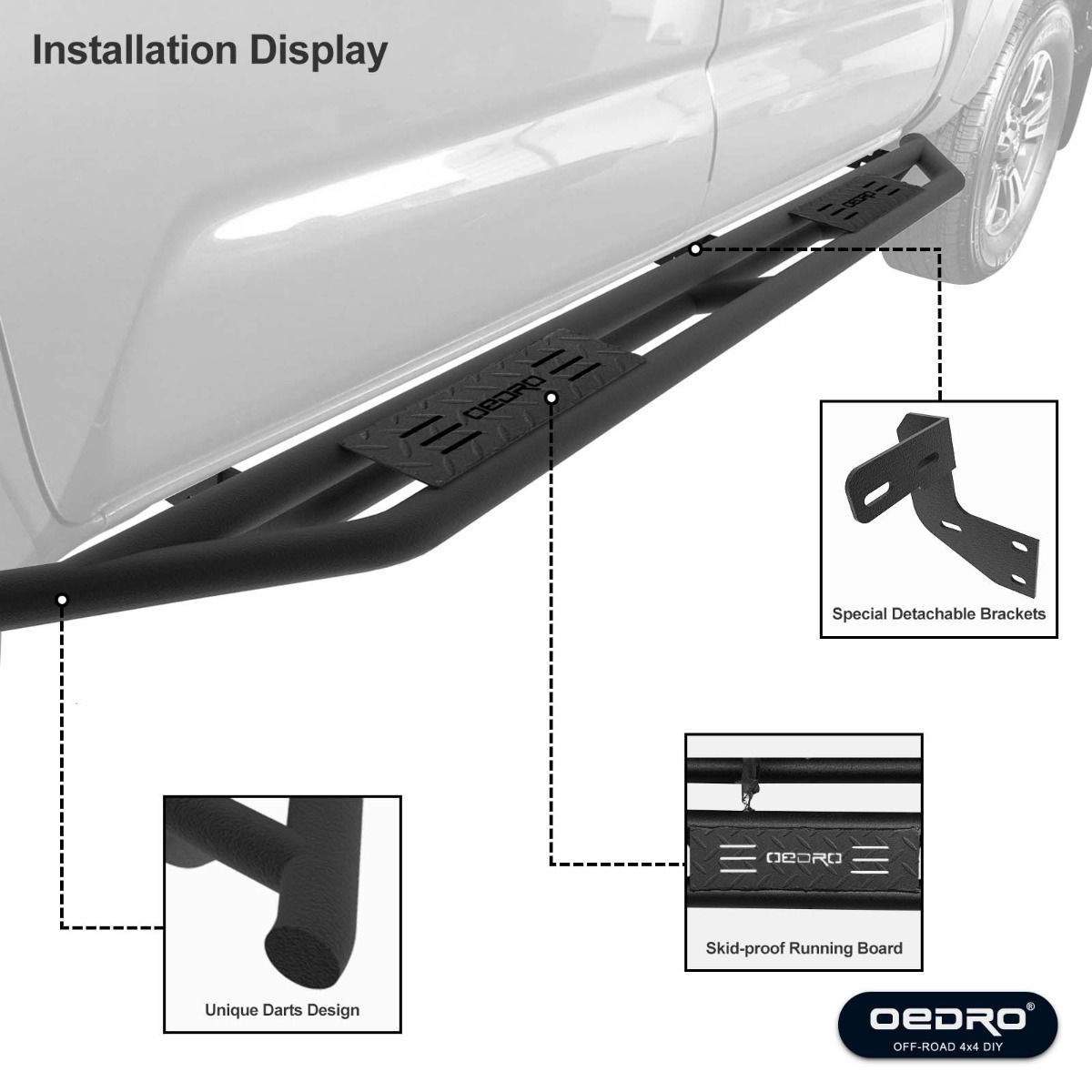 Side view of OEDRO Running Boards for 2009-2018 Dodge Ram 1500 Crew Cab & 2010-2024 Dodge Ram 2500 3500 Crew Cab & 2019-2024 Dodge Ram 1500 Classic Crew Cab