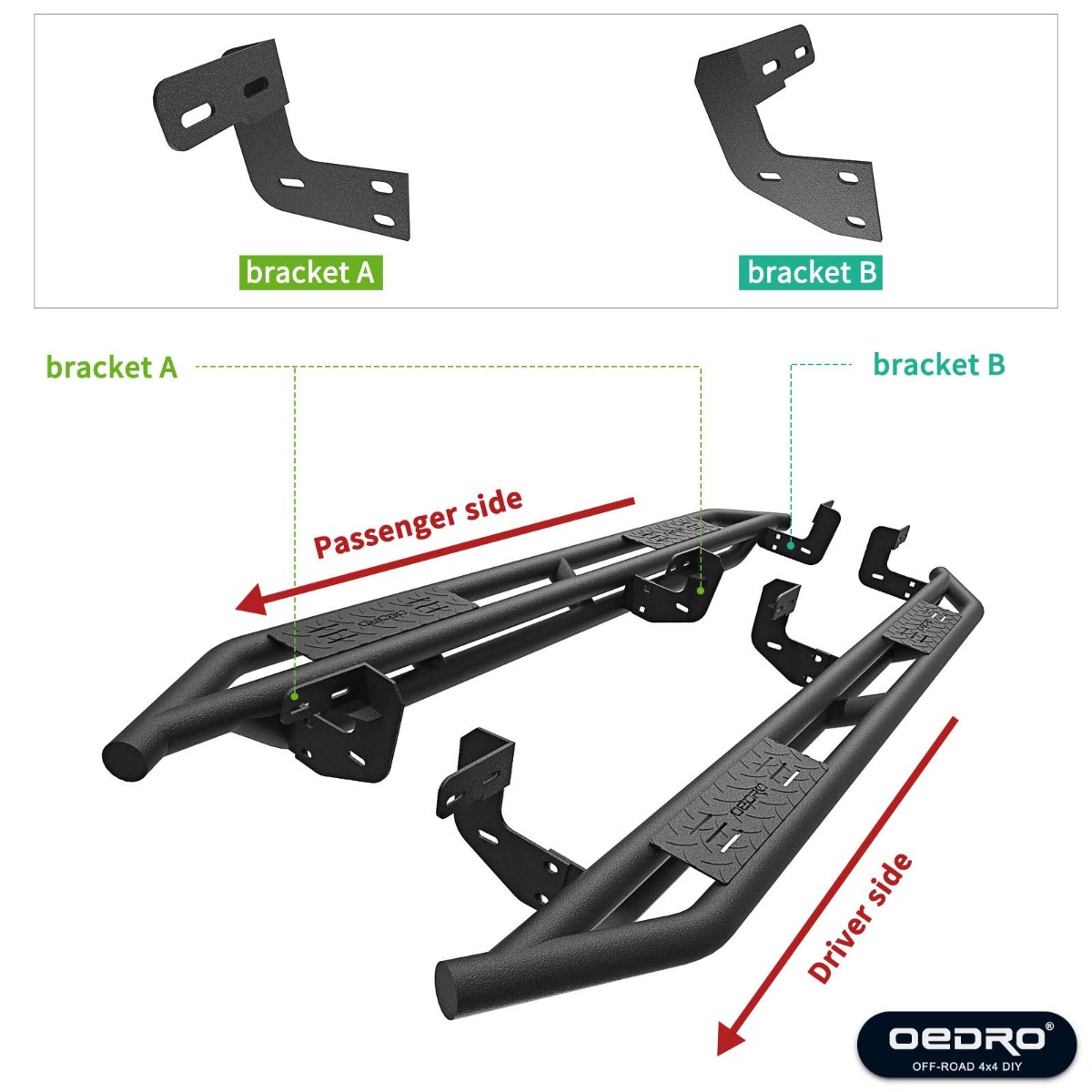 Side view of OEDRO Running Boards for 2009-2018 Dodge Ram 1500 Crew Cab & 2010-2024 Dodge Ram 2500 3500 Crew Cab & 2019-2024 Dodge Ram 1500 Classic Crew Cab