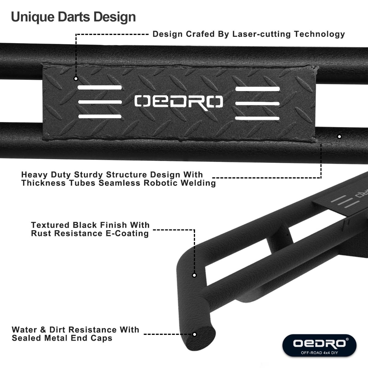 Side view of OEDRO Running Boards for 2009-2018 Dodge Ram 1500 Crew Cab & 2010-2024 Dodge Ram 2500 3500 Crew Cab & 2019-2024 Dodge Ram 1500 Classic Crew Cab