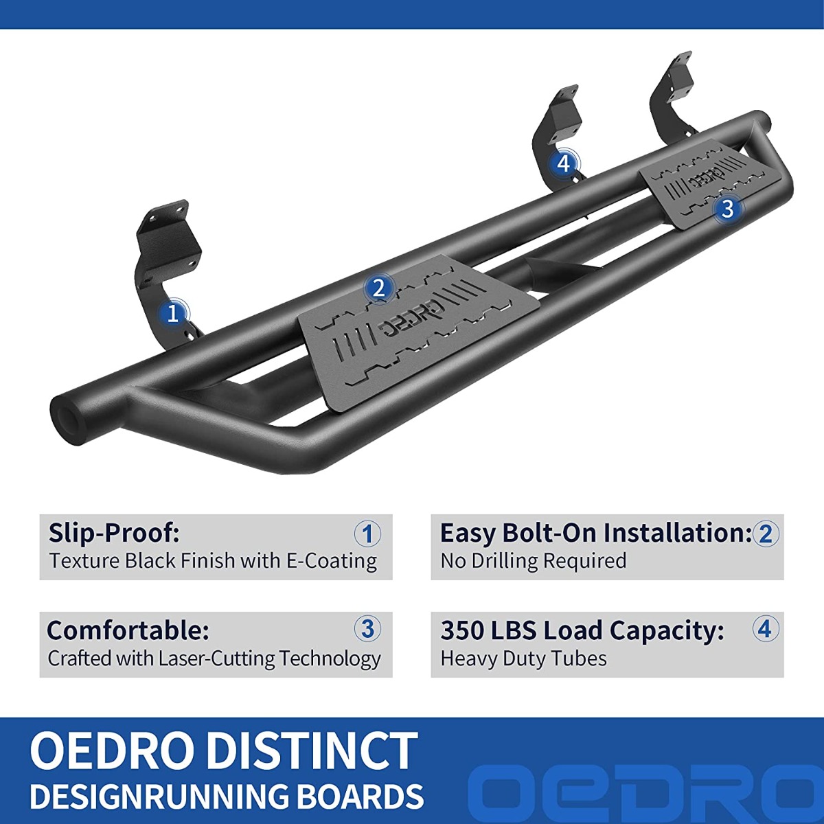 Side view of OEDRO® Running Boards for 2015-2026 Ford F150, 2017-2026 F250 F350 Super Duty Supercrew Cab, Textured Black Side Step