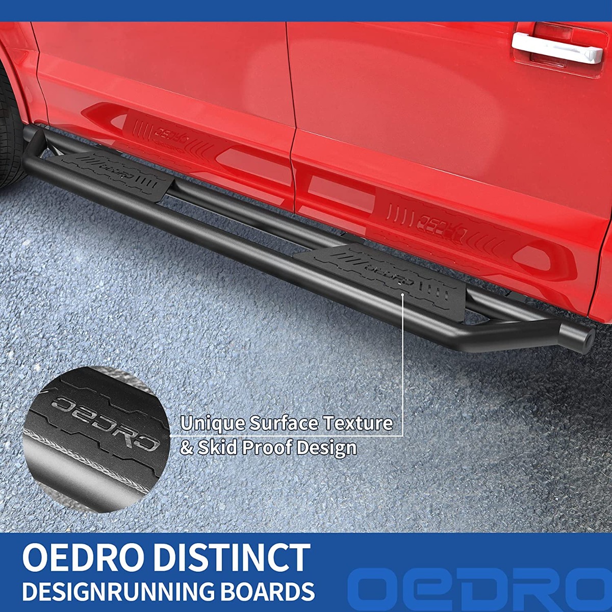 Side view of OEDRO® Running Boards for 2015-2026 Ford F150, 2017-2026 F250 F350 Super Duty Supercrew Cab, Textured Black Side Step
