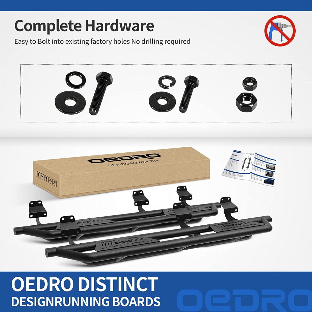 Side view of OEDRO® Running Boards for 2015-2026 Ford F150, 2017-2026 F250 F350 Super Duty Supercrew Cab, Textured Black Side Step