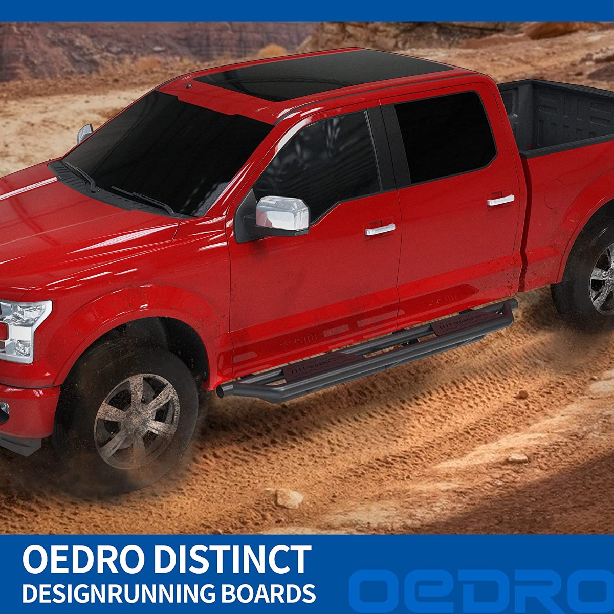 Side view of OEDRO® Running Boards for 2015-2026 Ford F150, 2017-2026 F250 F350 Super Duty Supercrew Cab, Textured Black Side Step