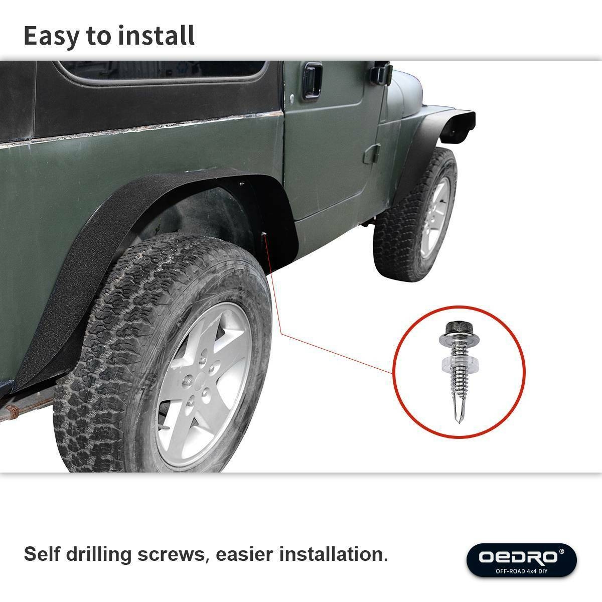 Side view of OEDRO 4 PCS Flat Front & Rear Fender Flares for 2018-2026 Jeep Wrangler JL & JLU (2 Door/4 Door), Off-Road Metal Steel Wheel Flares Liner