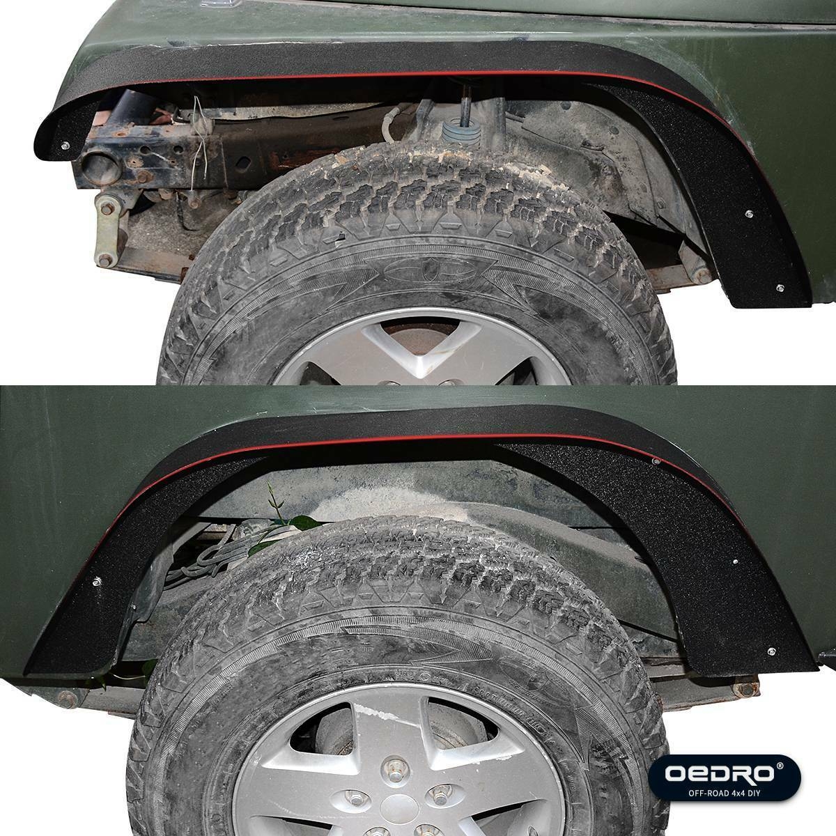 Side view of OEDRO 4 PCS Flat Front & Rear Fender Flares for 2018-2026 Jeep Wrangler JL & JLU (2 Door/4 Door), Off-Road Metal Steel Wheel Flares Liner