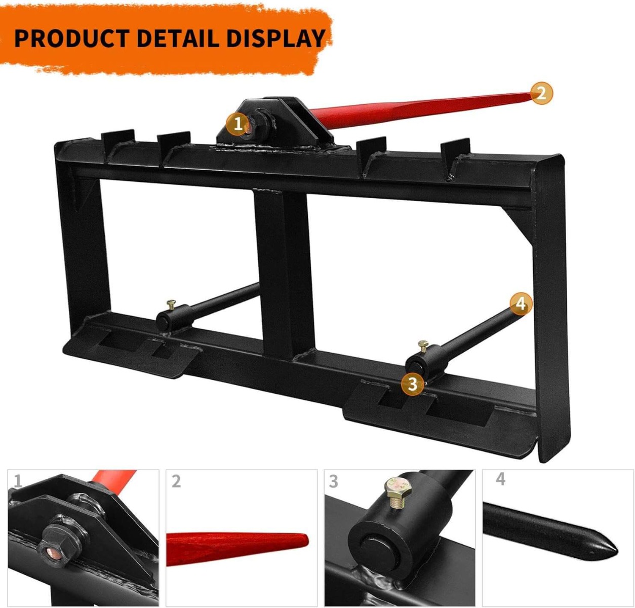 Side view of YITAMOTOR® 49" Tractor Hay Spear & Skid Steer Loader 3000lbs Quick Attach for Bobcat Tractors with 2pcs 17" Stabilizer Spears Spike Fork Tine Attachme