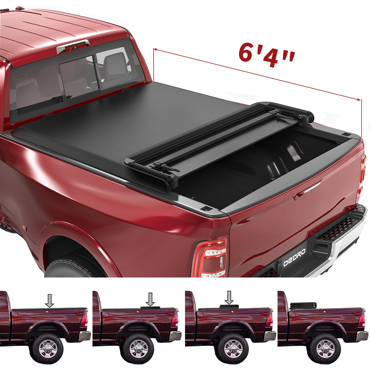 Side view of OEDRO 6.4FT Soft Quad Fold Tonneau Cover for 2002-2025 Dodge Ram 1500; 2003-2025 Dodge Ram 2500 3500 for Models w/o Ram Box