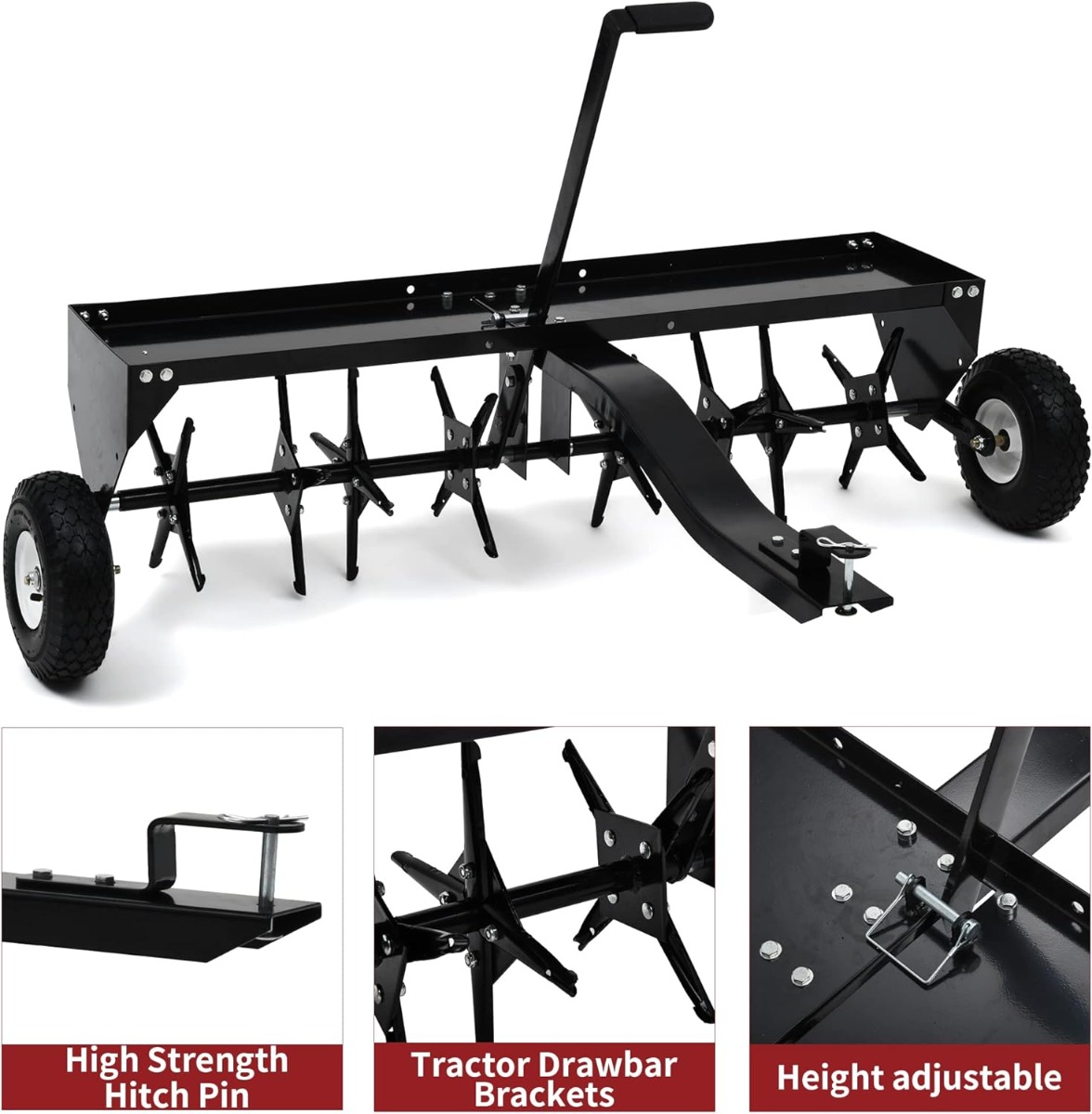 Side view of YITAMOTOR® 40" Tow Plug Lawn Aerator with Universal Hitch,Black