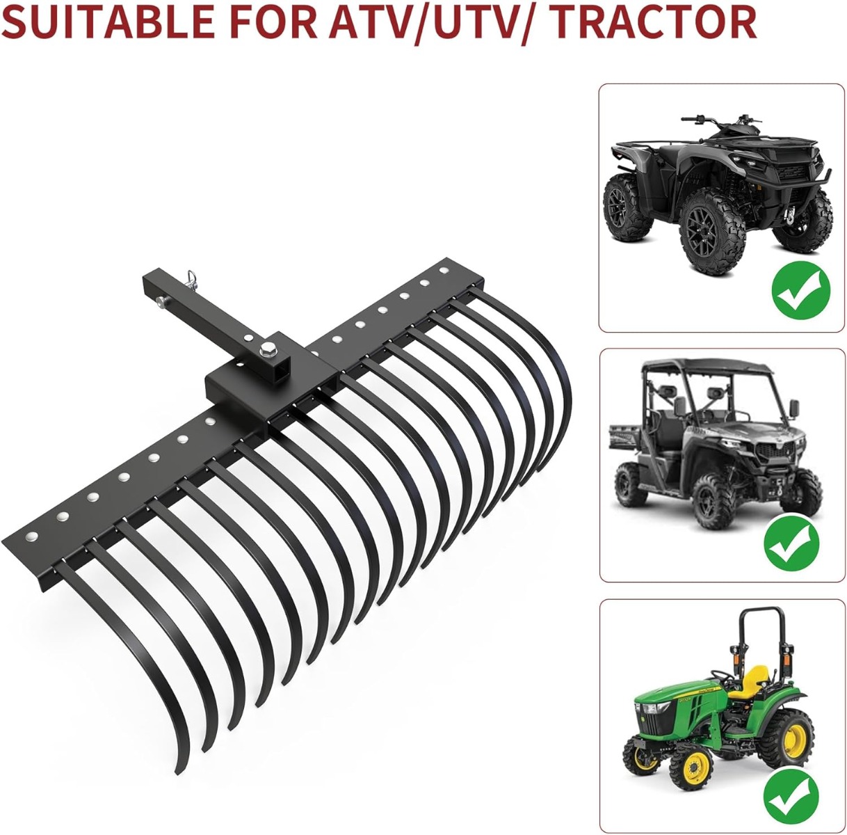 Side view of YITAMOTOR® Tractors Rake 17 Pine Straw Rake Fits 2" Receiver for Lawn Tractors or ATV/UTV