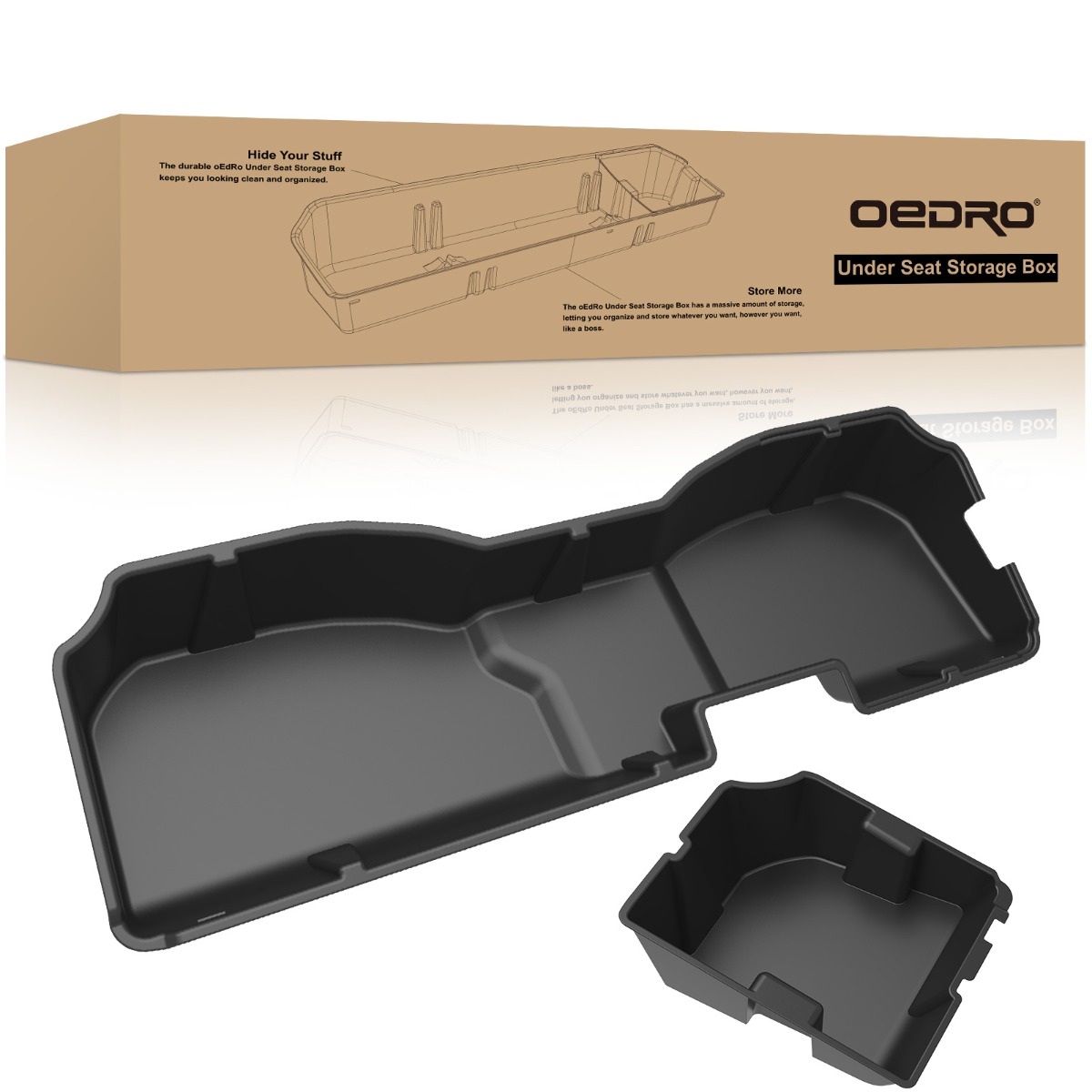 Side view of OEDRO 2-in-1 Under Seat Storage Box for 2014-2018 Chevy Silverado/GMC Sierra 1500, 2015-2019 Silverado/Sierra 2500 3500 HD Crew Cab