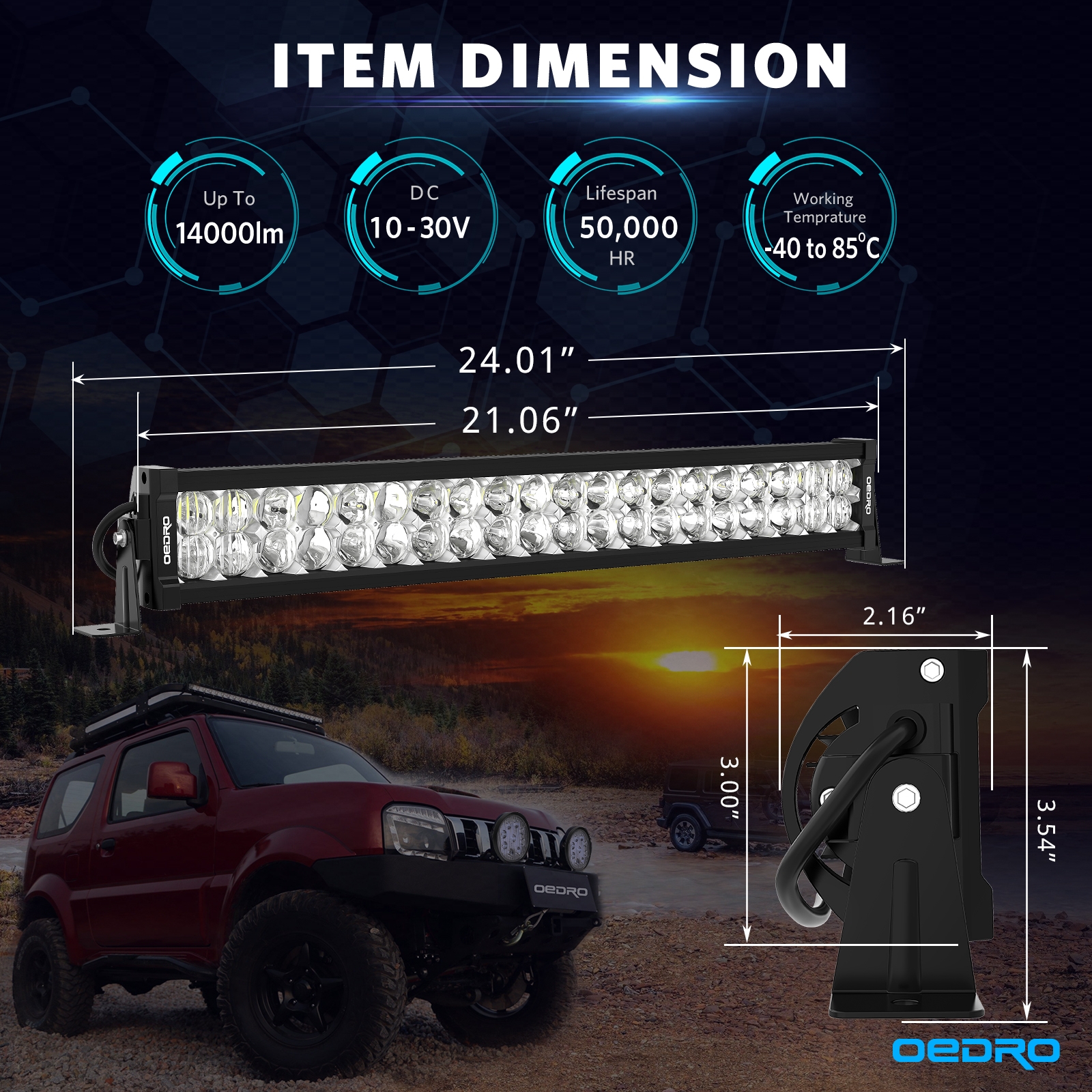 Side view of OEDRO 22" 250W 17500LM LED Light Bars Spot Flood Combo Light with Wiring Harness